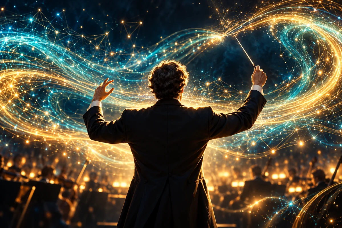 A conductor guiding sweeping streams of gold and turquoise light through a constellation of connected ideas