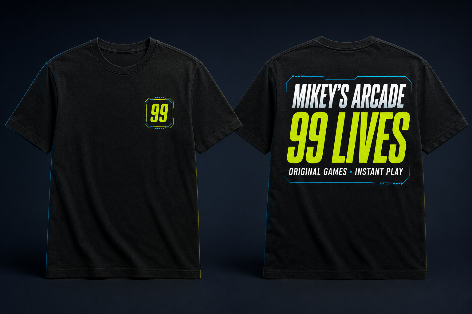 Front and back preview of the first black Mikey's Arcade 99 Lives shirt concept