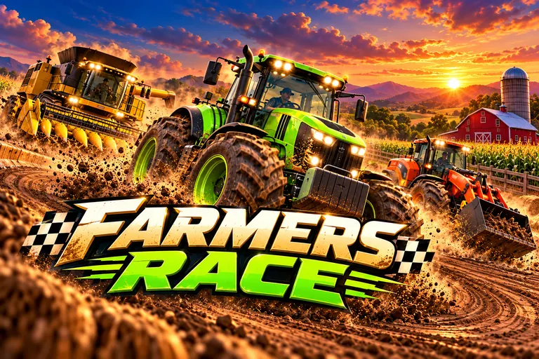 Cinematic green tractor, combine and loader racing through sunset dust beneath the Farmers Race title