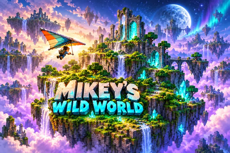 Cinematic voxel sky islands, glowing crystal ruins, waterfalls and a colorful glider above the Mikey’s Wild World title
