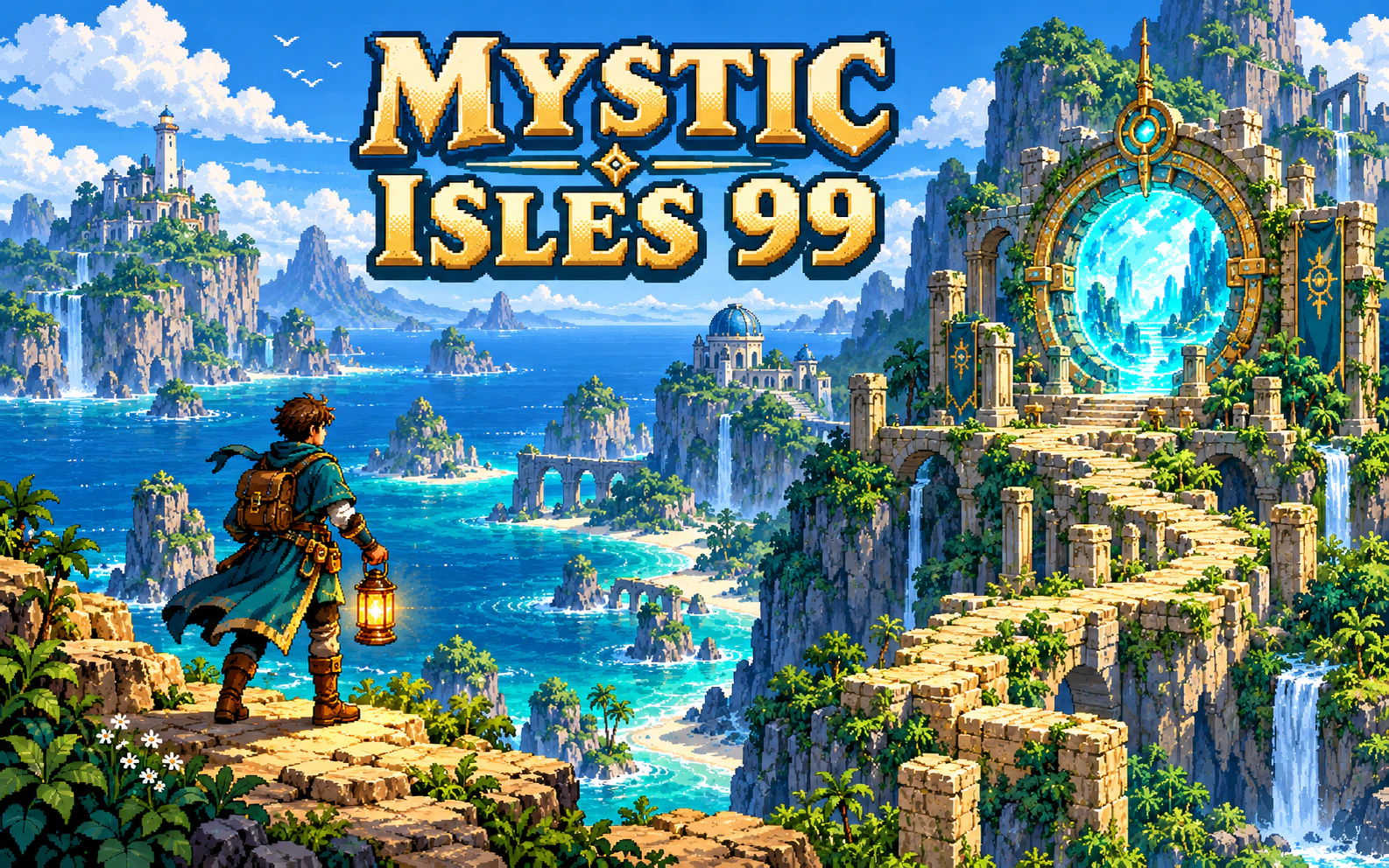 16-bit pixel art of a teal-coated explorer with a lantern, island ruins above a turquoise sea, and a glowing brass portal beneath the gold Mystic Isles 99 title