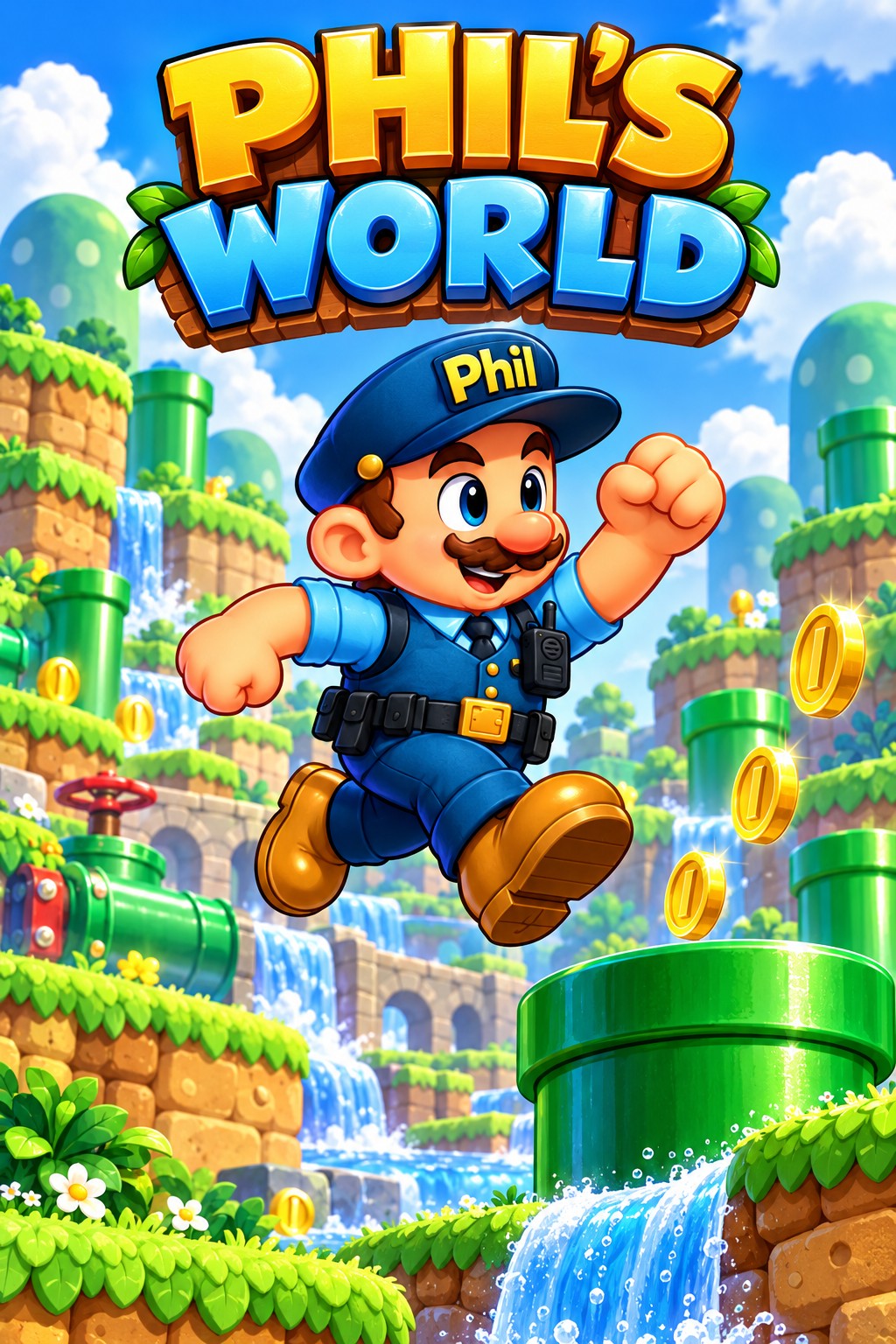 Phil in his blue uniform and Phil hat, jumping through green Pipeland with pipes, coins and waterfalls