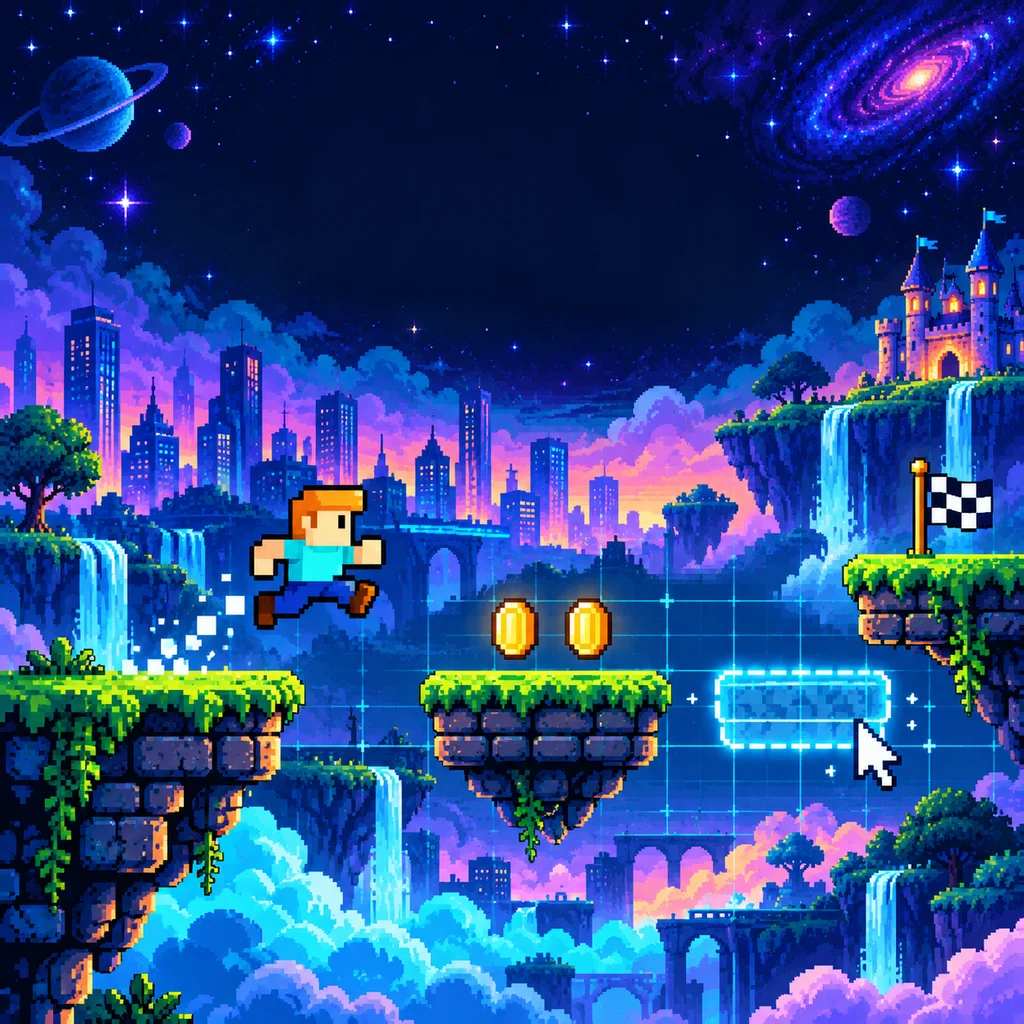 Pixel hero building floating platforms among neon towers, a castle and cosmic skies, with gold coins and a finish flag