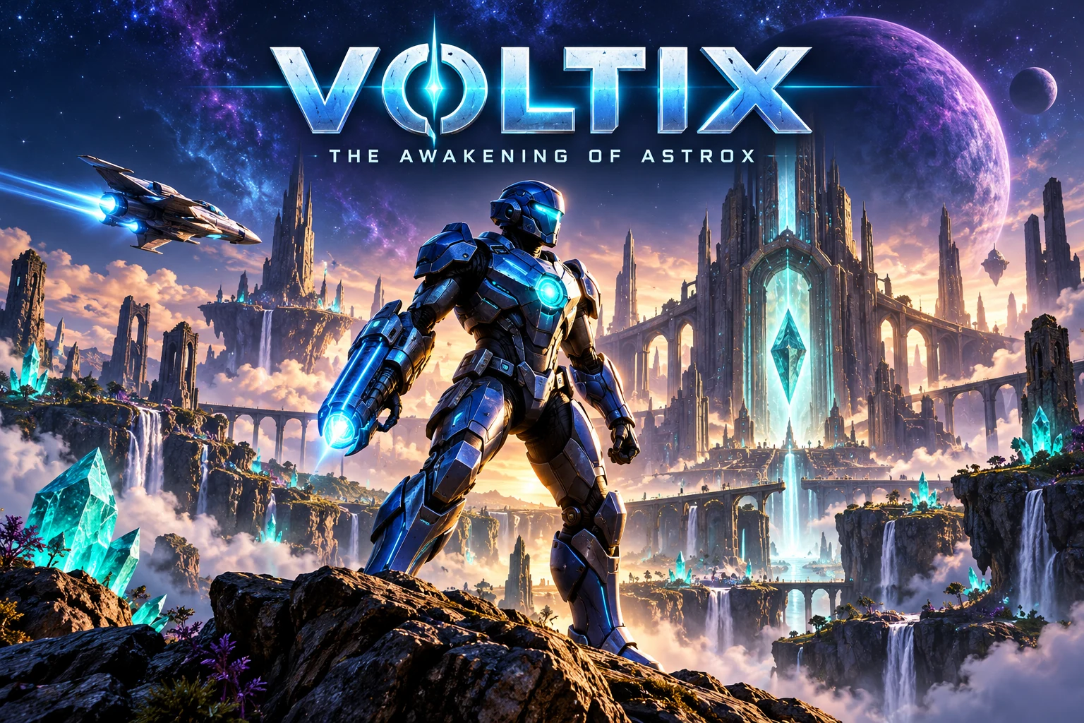 Cobalt-armored Voltix with a cyan arm cannon beneath the violet planet Astrox, an original spacecraft and ancient alien towers